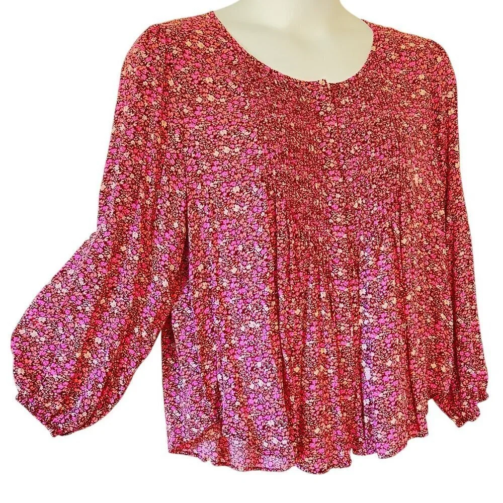 Lucky Brand Purple Print BOHO Top Balloon Sleeve with Pintucks Button Front  XL - Picture 2 of 9